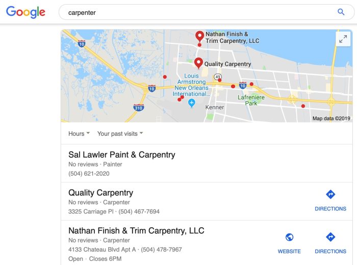 searching for carpenter on google; geo targeted results