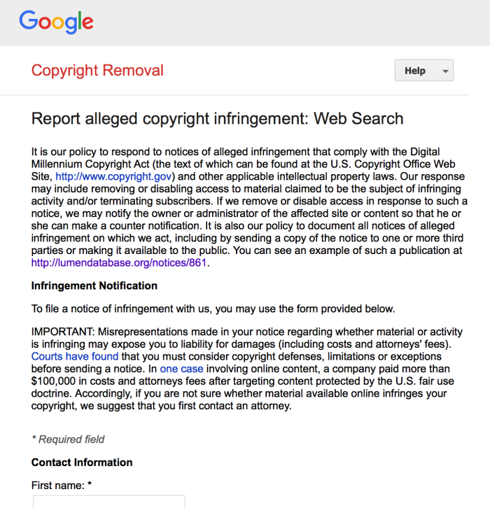 image of google's dmca report page